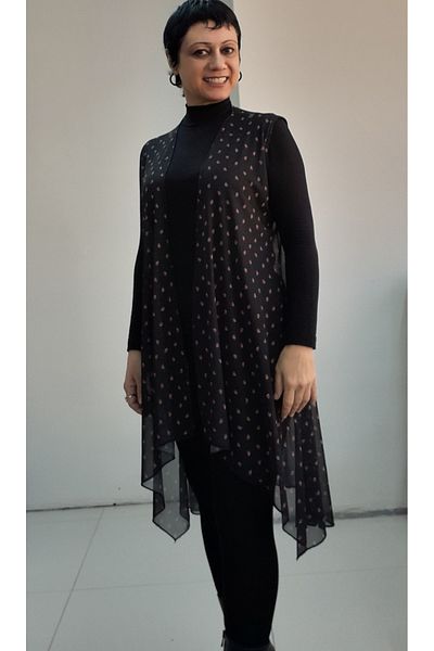 Mertcan Butik Black Red Floral Print Loose Asymmetrical Silk Gauze Vest