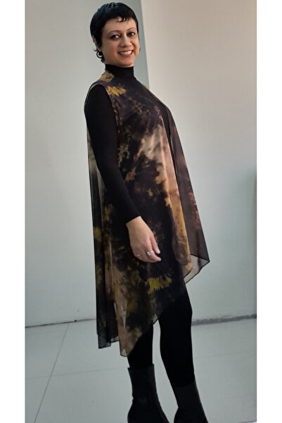 Mertcan Butik Shabby Asymmetrical Silk Tulle Vest with Black Tie Dye Print