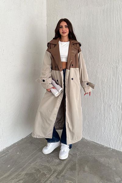 Deafox Brauner zweifarbiger Trenchcoat aus Kunstleder mit Gürtel und Futter