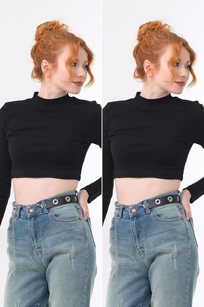 kallima Black 2-Pack Stand Collar Fitted/Fitted Crop Ribbed Stretchy Knitted Blouse