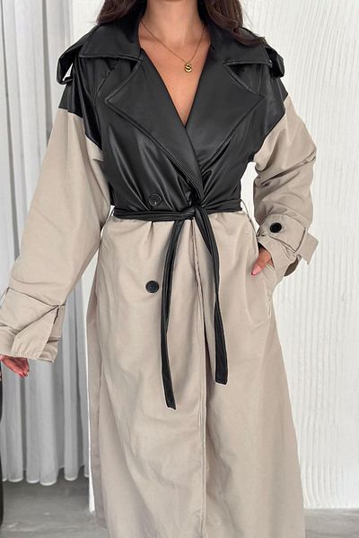 Deafox Black Double Color Belted and Lined Faux Leather Trench Coat