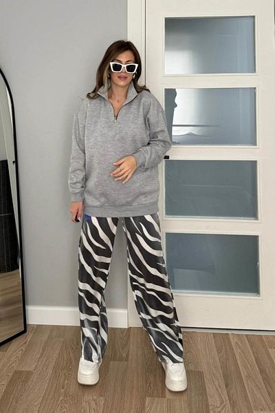 Banu Angay Gray Shiny Fabric - Zebra Patterned Trousers