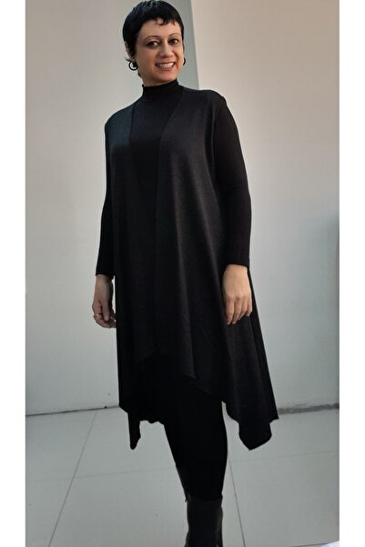 Mertcan Butik Black Glitter Asymmetrical Loose Knitwear Look Knitted Vest