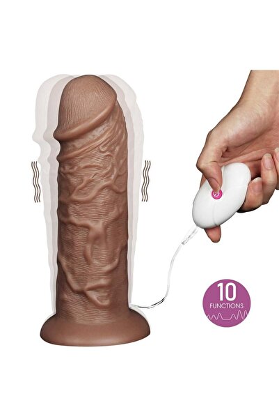 Çift Katmanlı 10 Titreşim Fonksiyonlu 26,6 cm Realistik Kalın Dildo Melez Penis