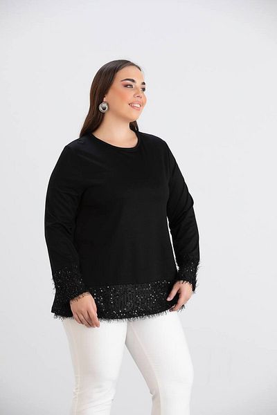 Butik Ayseba Women's Black Sequin Sequin Detailed Stylish Tunic Blouse