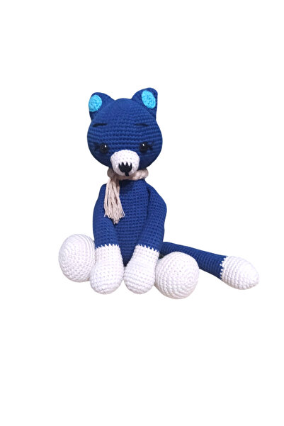 Kids Amigurumi Organik el yapımı oyuncak  Oturan Mavi Kedi Bebek