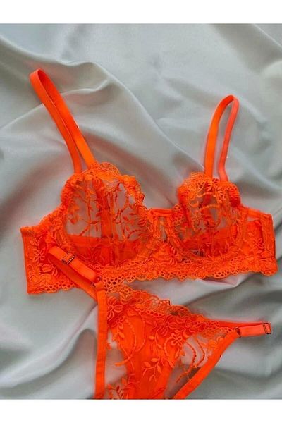 ARONA Neon Orange Underwire Embroidery Bra Set - Lace Bralet Thong - Lingerie Haven