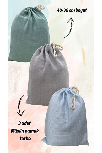 Hubb 3 Muslin Pouch Bags - Baby Bag, Suitcase Organizer and Bread Bag