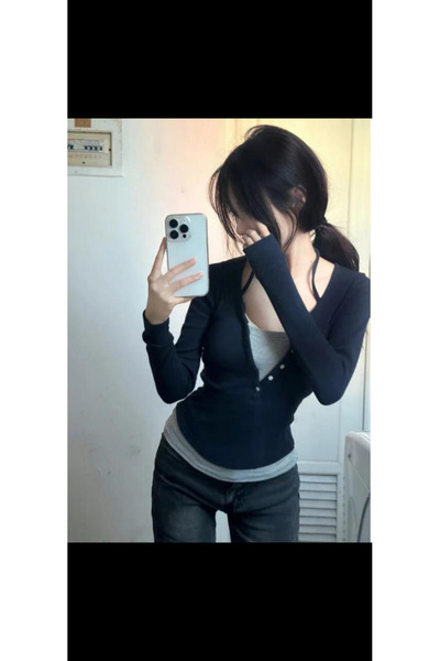 Köstebek Buttoned Gray Spliced Long Sleeve Navy Blue Sweatshirt