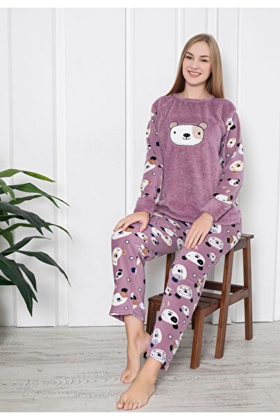 tusem butik homewear Γυναικείο Σετ Πιτζάμες Χειμερινό Μακρυμάνικο Φλις με μοτ...