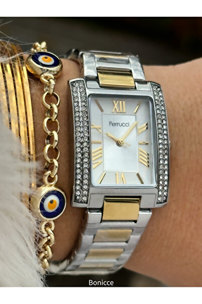 Ferrucci Steel Cord Yellow Silver,Rectangle Case,Waterproof Rhinestone Women's Wrist Watch Bracelet