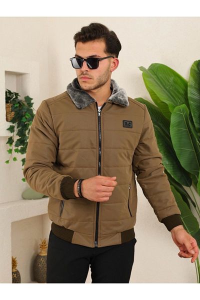 BERNEO Men's Collar Fur Detailed Faux Leather Collared Coat