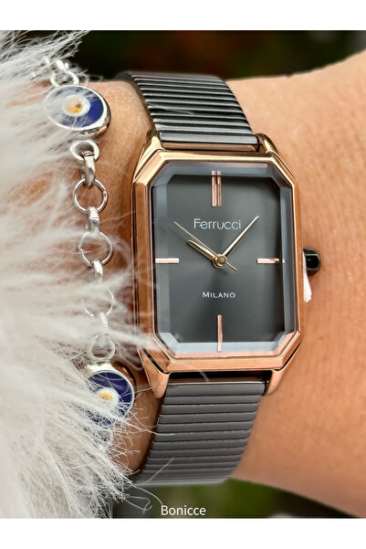Ferrucci سوار ساعة يد نسائية مستطيلة الشكل بسلك فولاذي أصفر
