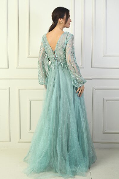 By Saygı Γυναικείο μακρύ βραδινό φόρεμα με παγιέτες με λεπτομέρεια με κορδόνια στην πλάτη