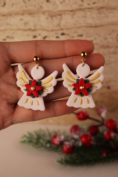 Gizy Store Polymer Clay Poinsettia Detail Angel Earrings Christmas Gift White Women's Earrings with Angel