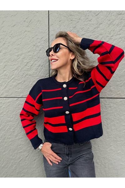 boutich Women's Gold Buttoned Striped Cardigan