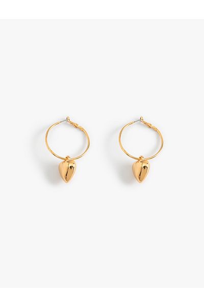 Koton Heart Patterned Dangle Steel Hoop Earrings - Charm Detailed