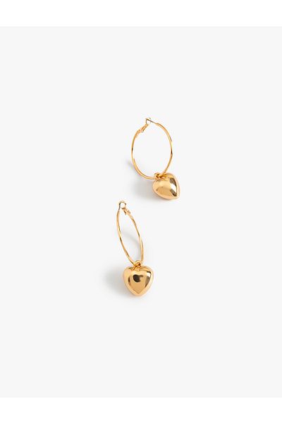 Koton Heart Patterned Dangle Steel Hoop Earrings - Charm Detailed