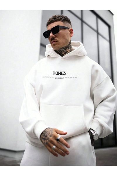 zunop Men's Cream Bonnet Printed Hooded Oversize Sweatshirt