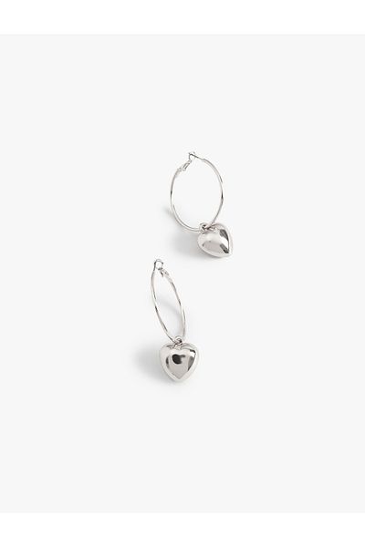 Koton Heart Patterned Dangle Steel Hoop Earrings - Charm Detailed