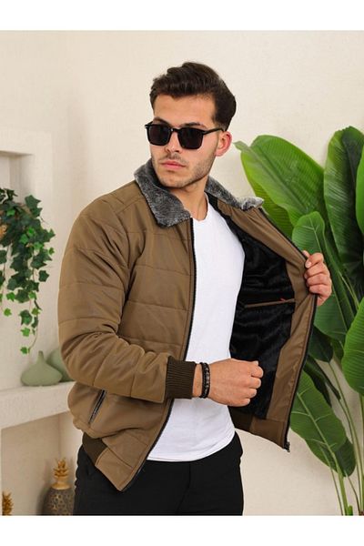 BERNEO Men's Collar Fur Detailed Faux Leather Collared Coat