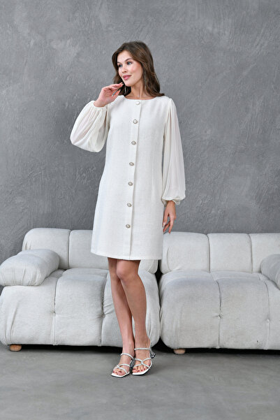 ZISHAN Şanel Tüvit Kumaş Önden Düğme Detaylı Şifon Kollu Sıfır Yaka Kadın Elbise 022