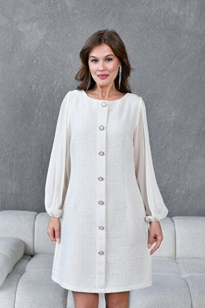 ZISHAN Şanel Tüvit Kumaş Önden Düğme Detaylı Şifon Kollu Sıfır Yaka Kadın Elbise 022