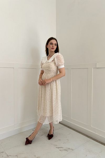 HELİS BUTİK Rochie de păpușă din șifon crem cu modele de inimă