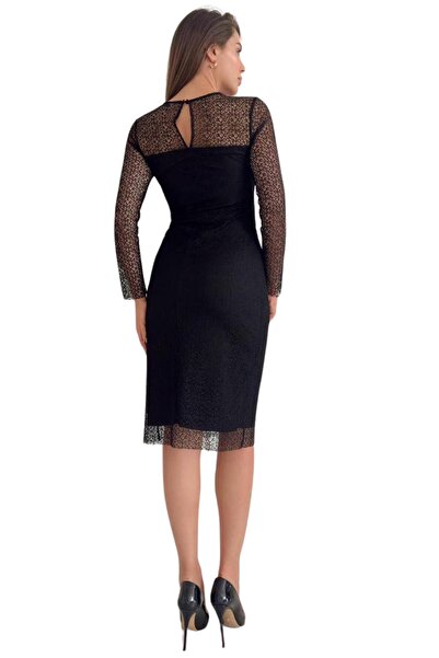 Moda Amore Gold Düğme Detaylı Midi Boy Siyah Dantel Kadın Abiye Elbise - 024