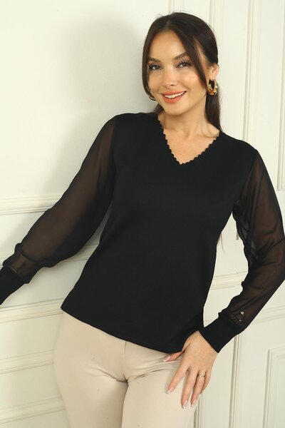 By Saygı Women's Ladder V Neck Sleeves Chiffon Sweater