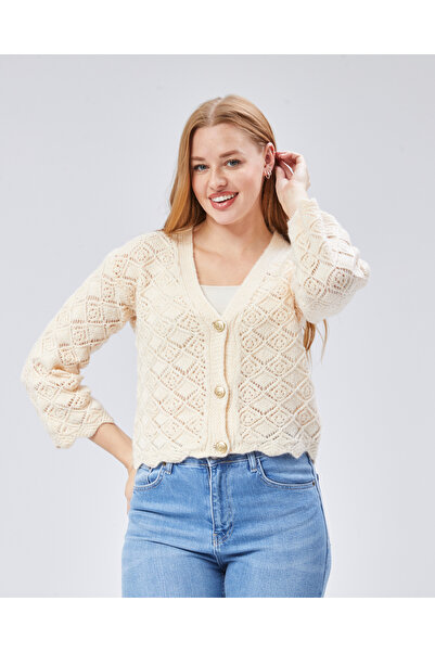 MA ananas Cardigan de damă ajurat cu decolteu în V ecru