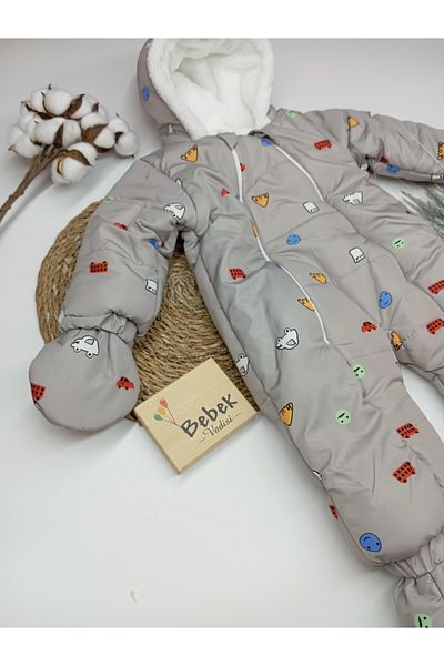 MAİBELLA Winter Baby Girl and Boy Gloves - Astronaut Jumpsuit with Car Bus Pattern, Furry Booties and Hood