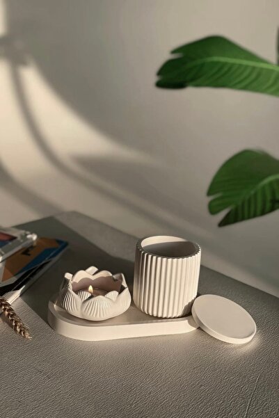 Mandalin Art Studio Dekoratif Kapaklı Kutu, Tabak Ve Lotus Mumluk 3’lü Set - Beyaz