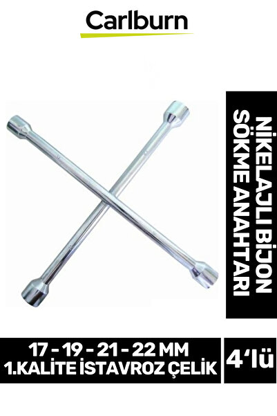 Carlburn Garantili İstavroz Çelik Dört Kol Sabit 17 19 21 22mm 1.Kalite 4'lü Nikelajlı Bijon Sökme Anahtarı