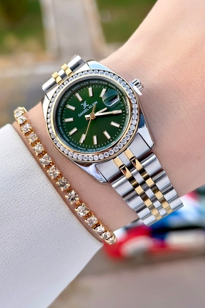 Daniel Klein Kadranı Yeşil Kordonu Gold Gümüş Renk Kadın Kol Saati ve Bileklik