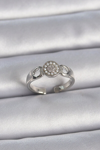 Clariss Brass Silver Color Zircon Stone Pearl Heart Engraved Detail Adjustable Model Women's Ring