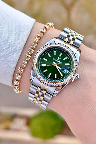 Daniel Klein Kadranı Yeşil Kordonu Altın Metalik Renk 2 Yıl Garantili Kadın K...