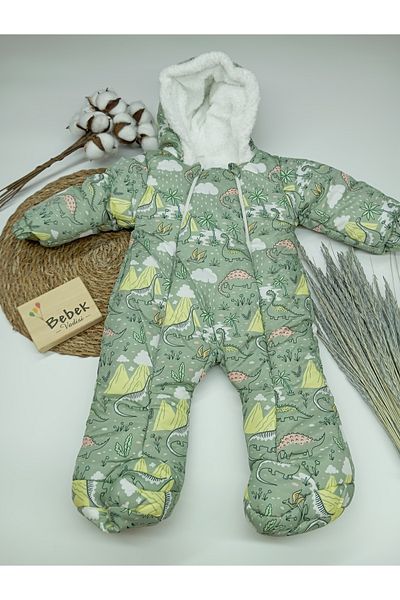 MAİBELLA New Baby Boy Girl Astronaut Jumpsuit - Palm, Dinosaur Pattern, Furry Booties, Hooded Winter