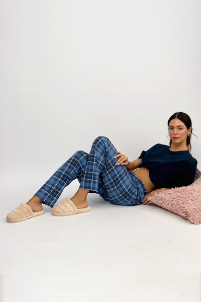 Betimoda Pantaloni de pijama de damă cu model cu panglică albastră - 100% bumbac, talie elastică