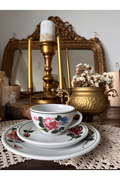 Handmadesign Antika Avusturya damgalı çiçekli trio çay/nescafe/ double kahve ...