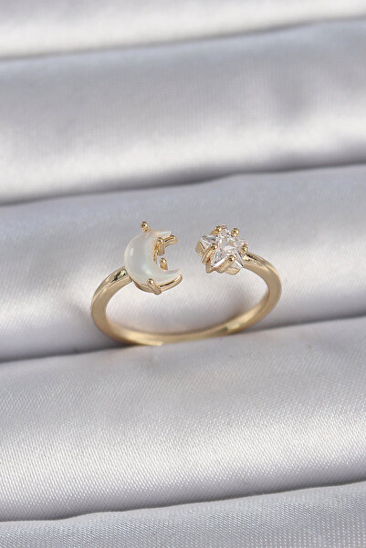 Clariss Brass Gold Color Pearl Crescent Zircon Stone Star Adjustable Model Women's Ring