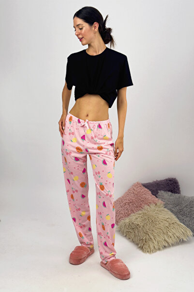 Betimoda Kadın Lastikli Bel %100 Pamuklu Kurdeleli Desenli Pijama Altı Pembe