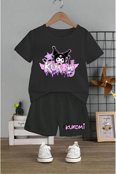 Massgai Set de pantaloni scurți tricou personalizat 100% bumbac cu imprimeu graffiti Kuromi pentru copii