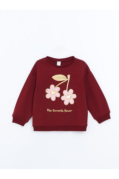 LC Waikiki Lcw Baby Burgundy Crew Neck Thick Floral Baby Girl Sweatshirt