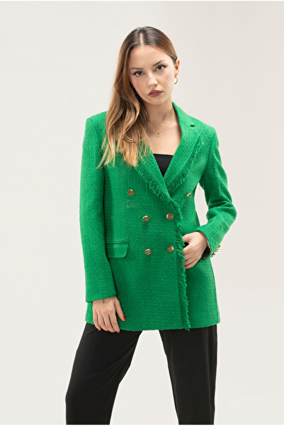 TREND Tweed Tassel Lined Gold Button Blazer Jacket