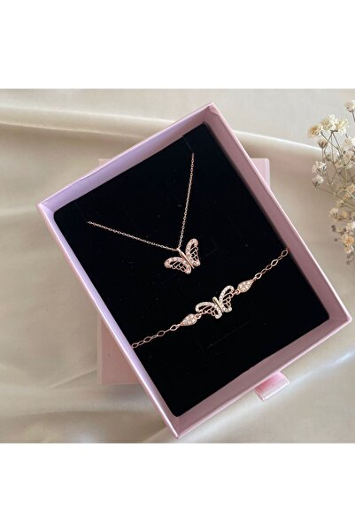 Lovera Jewellery 925 Ayar Gümüş Rose Telkari Kelebek Kadın Set (KOLYE,BİLEKLİ...