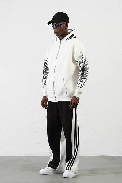 REKA MODA Myterrax Three Thread Printed Zippered Hooded Cardigan - White