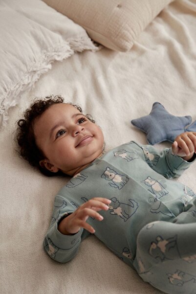 Next Baby %100 Organik Pamuk Mavi Mineral Çiftlik Baskılı 3’lü Uyku Tulumu Set ALYK79529