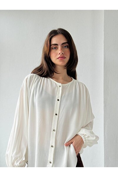 Retrobird Linda Rahat Kesim Siyah-Gold Düğmeli Uzun Kol Gömlek Kadın Ekru
