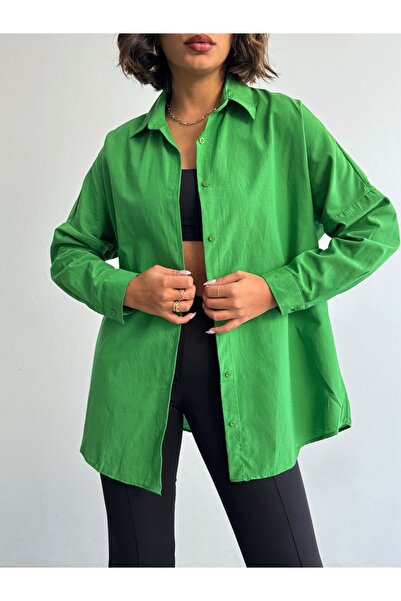 BEJNA Women's Green Oversize Long Basic Shirt